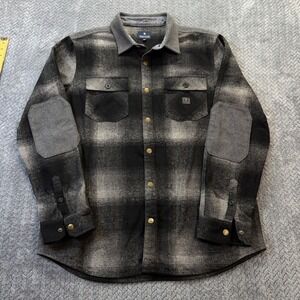 Roark Revival Flannel Shirt Mens XL Black Grey Plaid Elbow Patch Snap Button